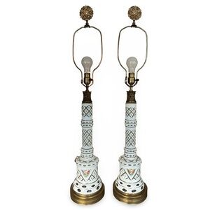 HUGE Pair Vintage Moser Czech Bohemian WHITE Opaque CUT 2 CLEAR Glass Lamps